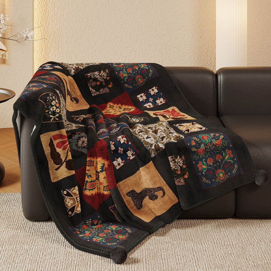 Plush Patchwork Velvet Throw Blanket with Pom-Pom Corners
