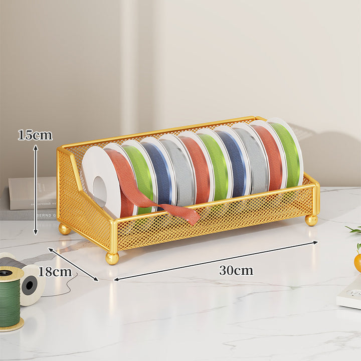 Metal Mesh Ribbon and Tape Spool Organizer with Integrated Scissor Slot