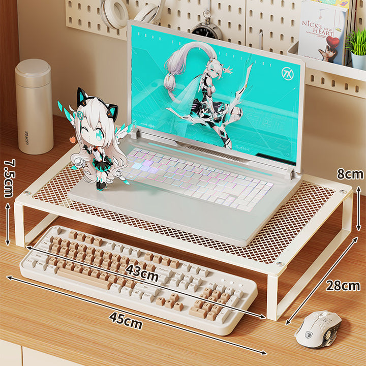 Mesh Metal Elevated Laptop and Monitor Stand with Ventilated Surface and Under-Keyboard Storage