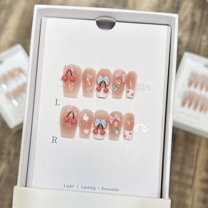 Playful Cherry-Themed Press-On Nail Art Set Kalsten
