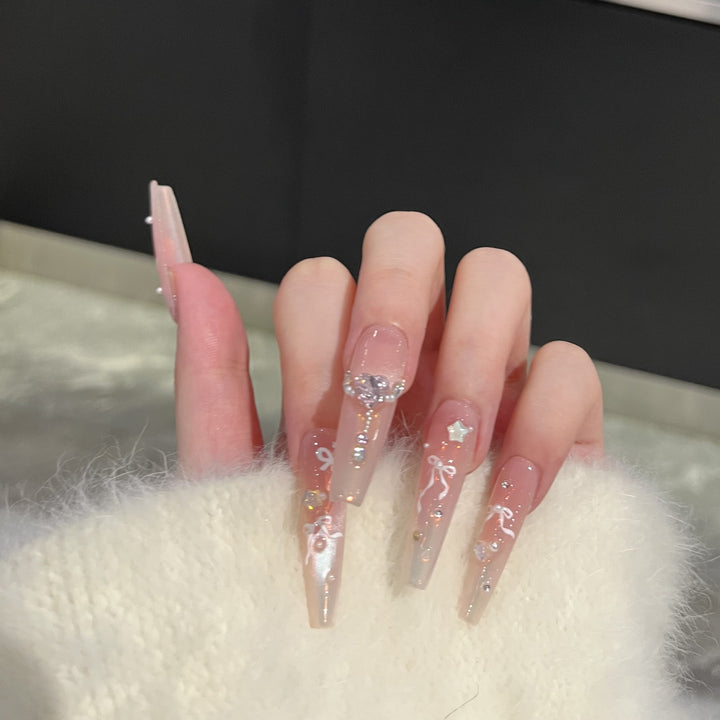 Elegant Press-On Nail Art Set with Chic Ribbon and Gem Accents Kalsten