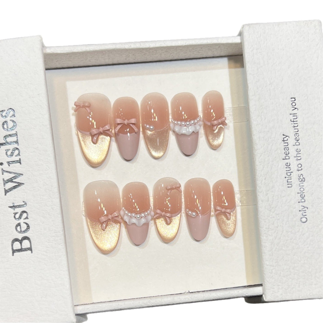 Elegant Press-On Nail Art Set with Pearl and Bow Accents Kalsten