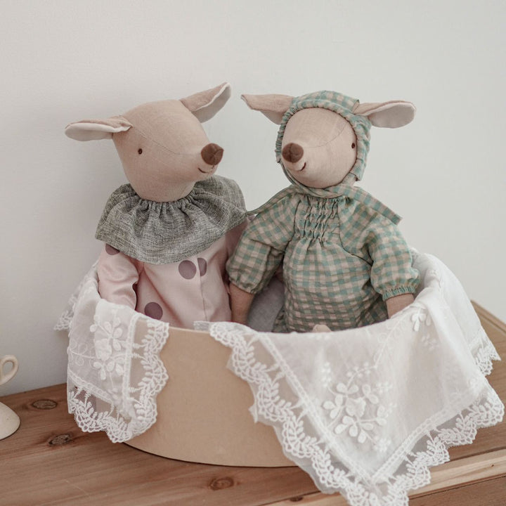 Handmade Linen Plush Mouse Doll with Gingham Overalls