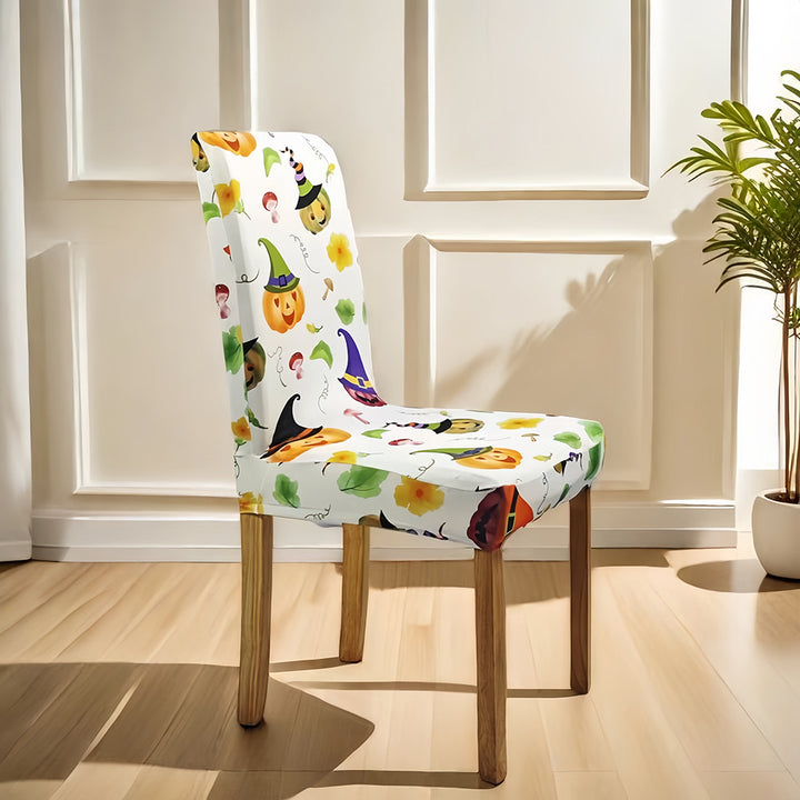 Elastic chair cover for high backs with Halloween pumpkin and witch hat print