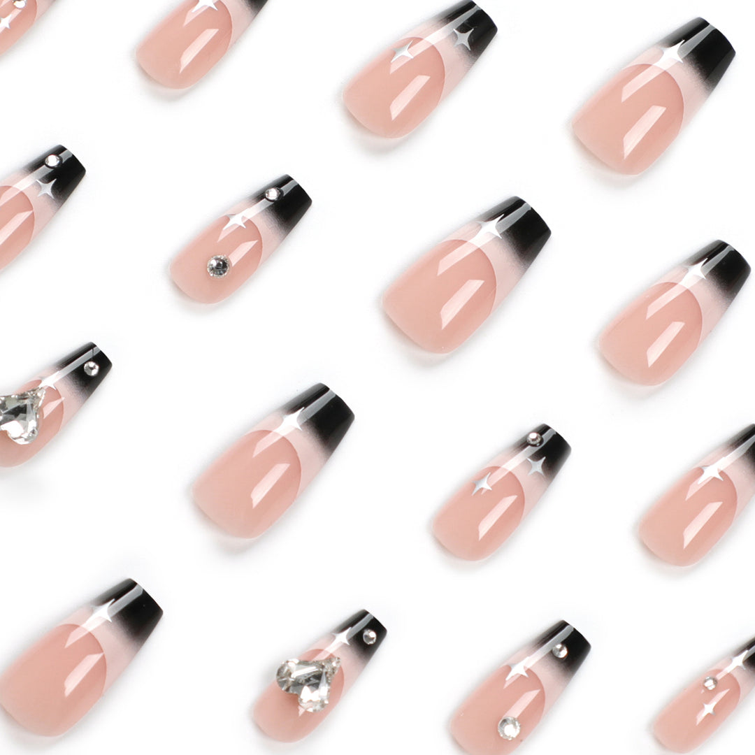 Artificial nail extensions with elegant ombre design and glitter accents Kalsten