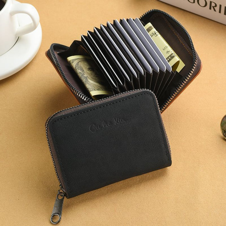 Compact Zippered Genuine Leather Wallet