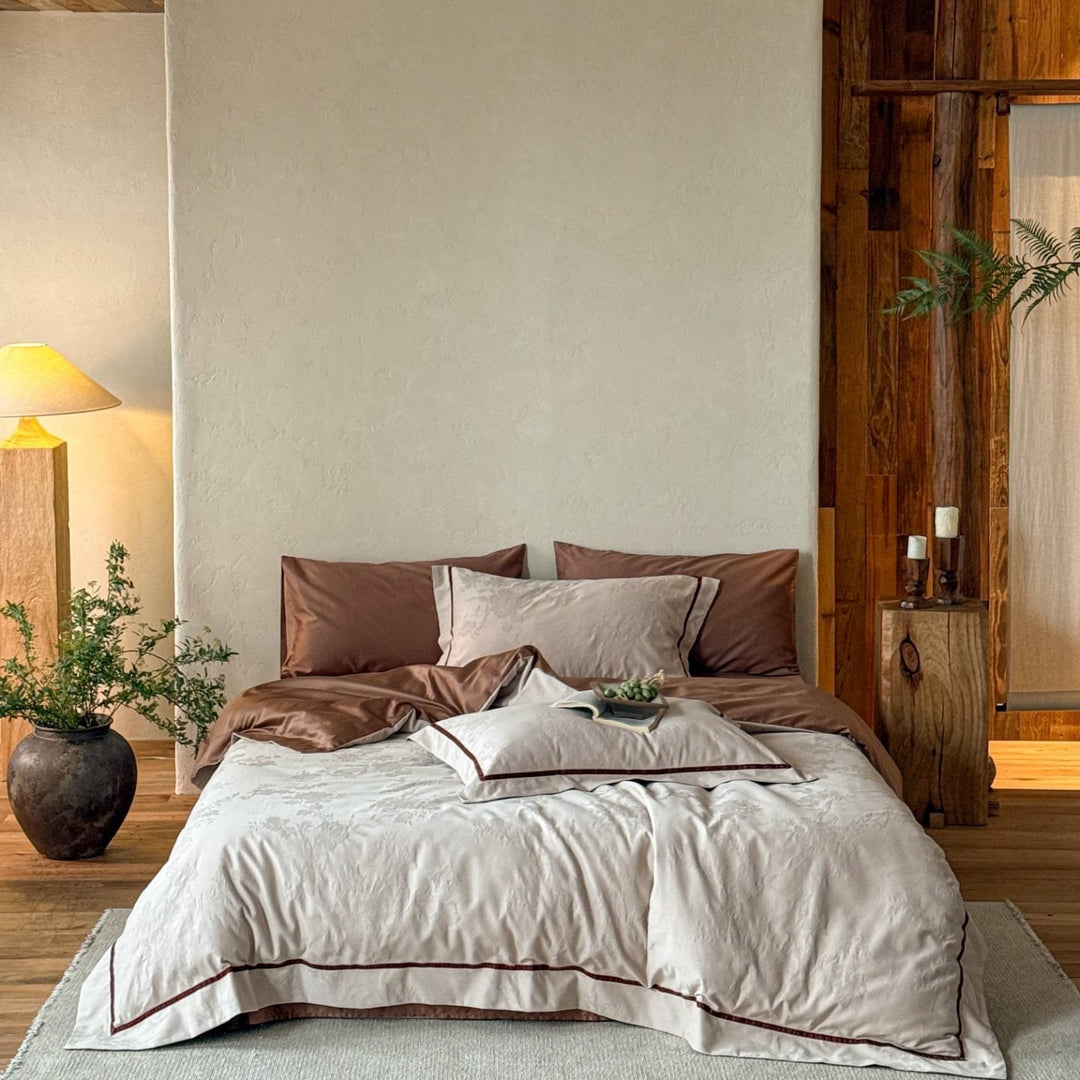 Premium bedding set made of breathable cotton blend with contrasting piping