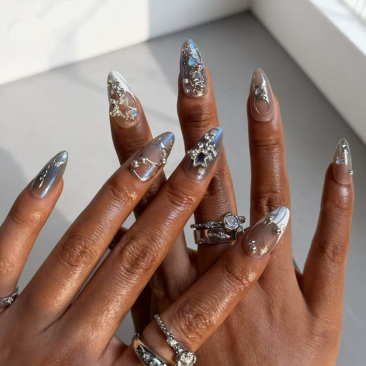 Artful Nail Extensions with Shiny Metal Accents Kalsten