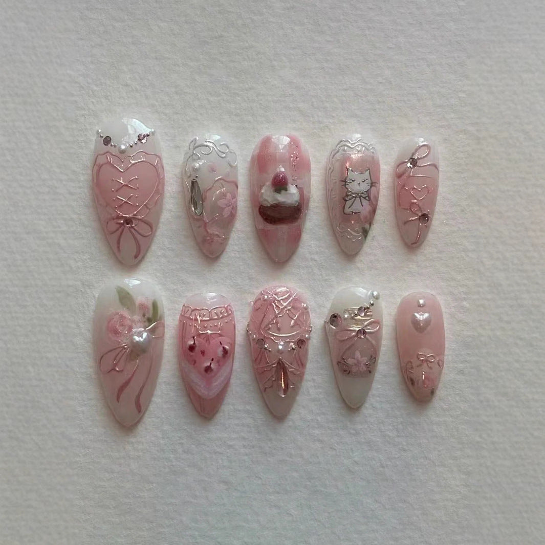 Artistic Heart-Embellished Press-On Nail Set Kalsten