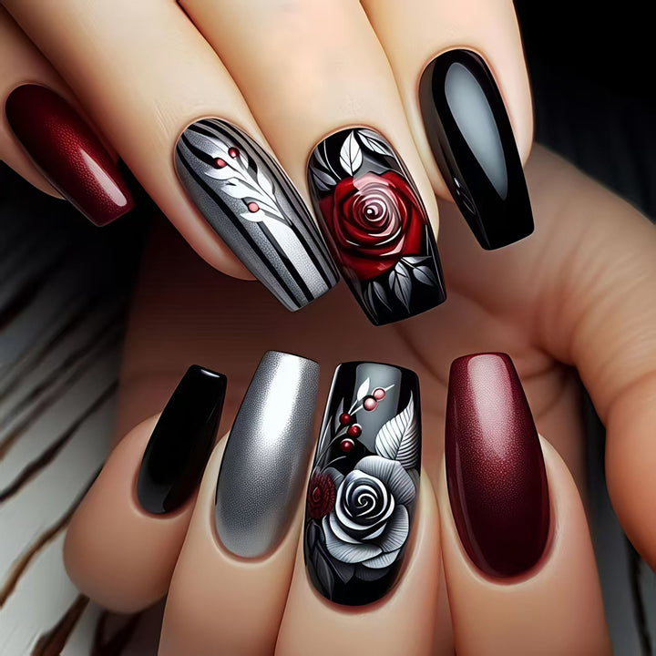 Elegant Artificial Nails with Noble Rose Design Kalsten