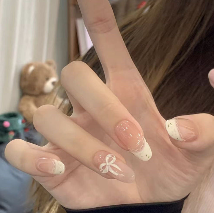 Press-On Nail Art Set with Elegant Bow and French Tip Design Kalsten