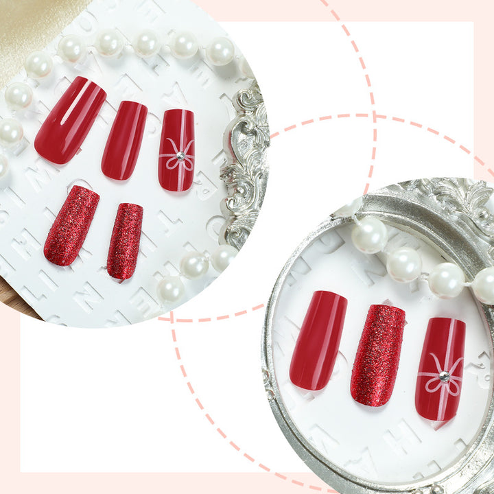 Creative acrylic nail set with glitter and bow designs Kalsten