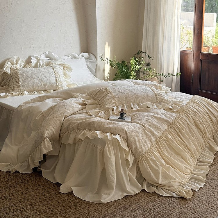 Romantic embroidered cotton bedding set with ruffles and floral jacquard embroidery