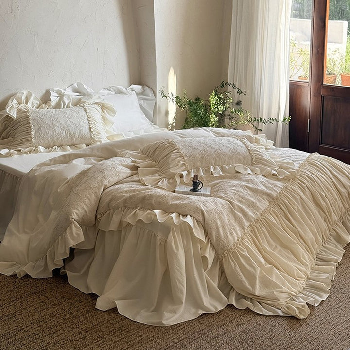 Romantic embroidered cotton bedding set with ruffles and floral jacquard embroidery