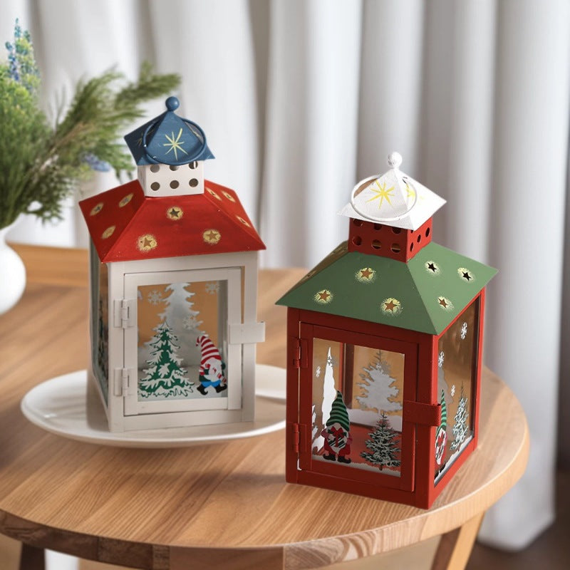 Decorative Holiday Gnome Lantern with Star-Cut Roof and Glass Panel Candle Holder Kalsten