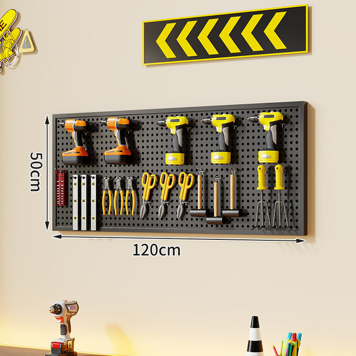 Wall-Mounted Perforated Metal Tool Pegboard Organizer with Magnetic Strip and Multi Hooks