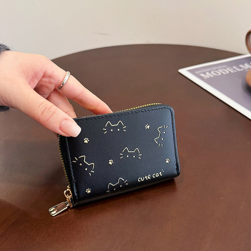 Playful Cat-Themed Compact Zip Wallet