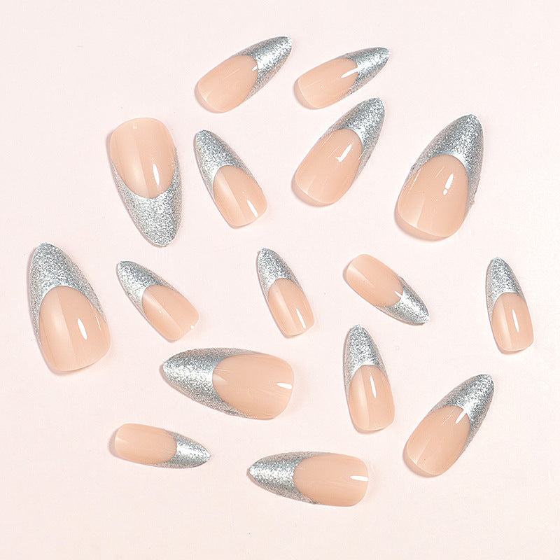 Elegant Glossy Almond-Shaped Press-On Nails with Silver Glitter Tips Kalsten