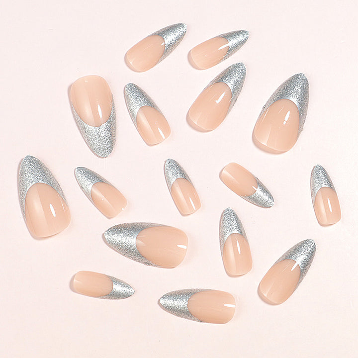 Elegant Glossy Almond-Shaped Press-On Nails with Silver Glitter Tips Kalsten