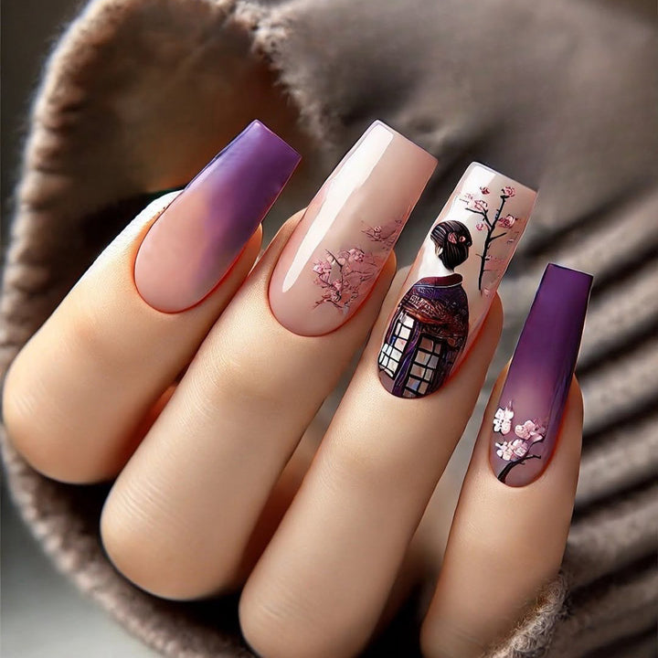 Elegant Artificial Nails Set with Ombre Design and Artistic Accents Kalsten
