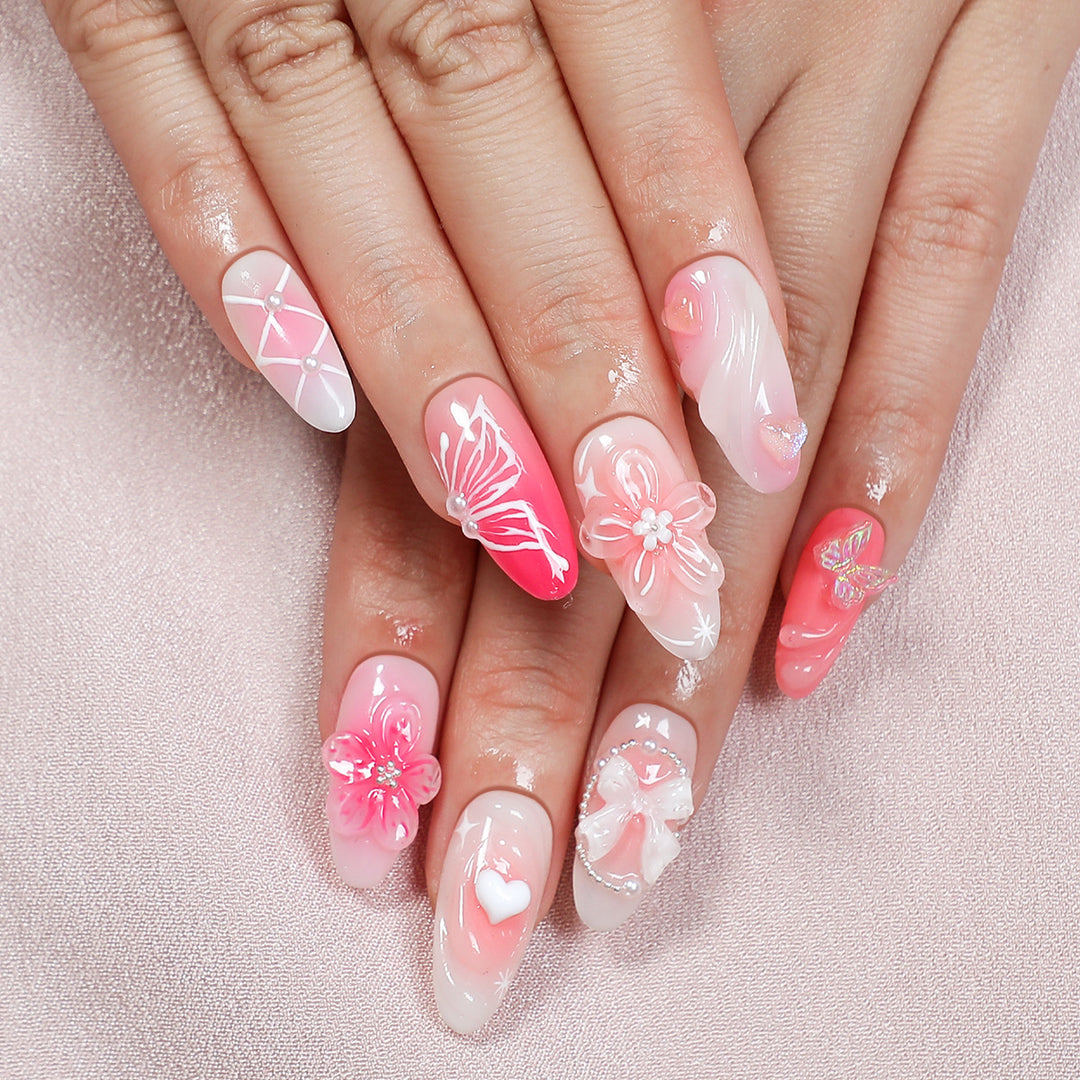 Creative print nail set with floral designs and decorative accents Kalsten