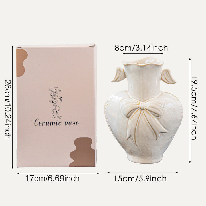 Decorative Heart-Shaped Ceramic Vase with Sculpted Bow and Wavy Neck