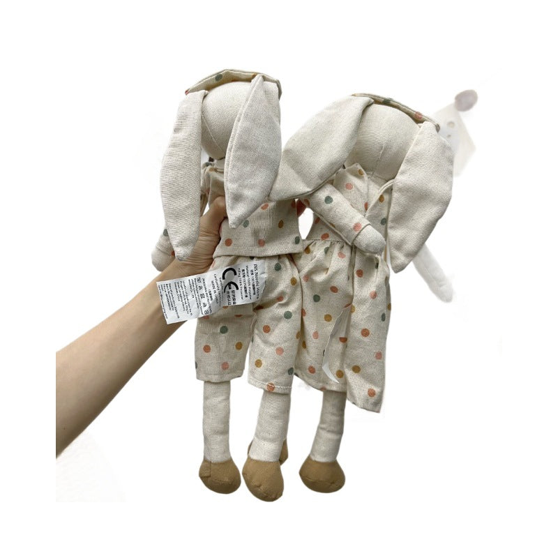 Handcrafted Linen Bunny Rag Doll with Long Ears and Gingham Dress