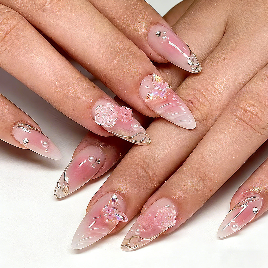 Artificial nails with delicate rose design and glitter accents Kalsten