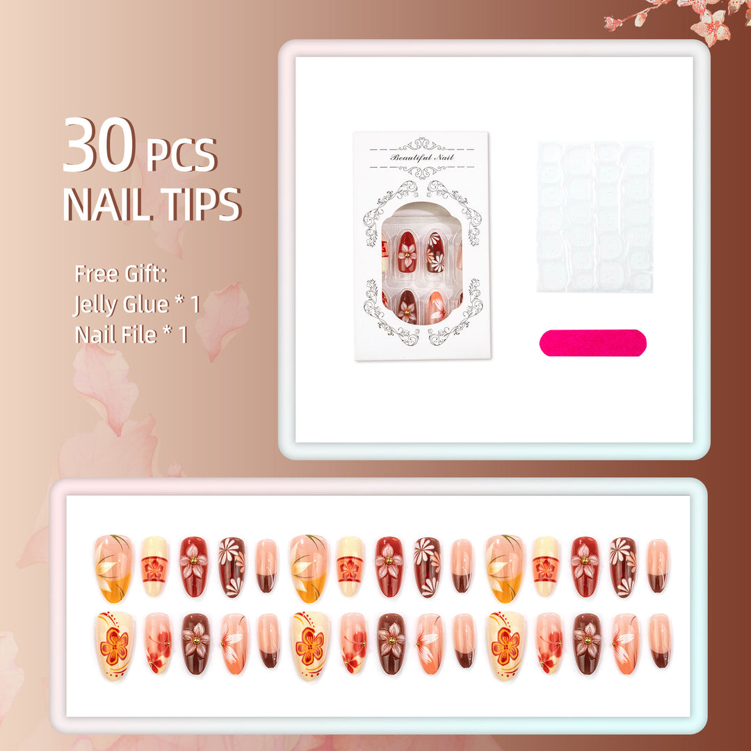 Floral Autumn-Themed Press-On Nail Art Set