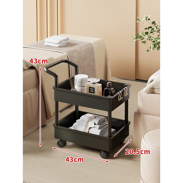 Compact Two-Tier Rolling Storage Trolley with Handle and Hooks