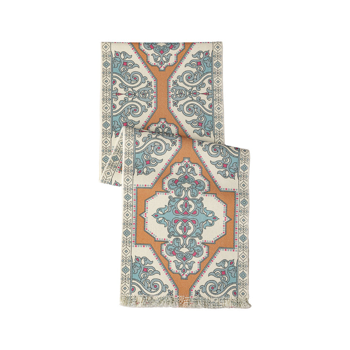 Woven table runner made of cotton blend with oriental medallion pattern and fringes Kalsten