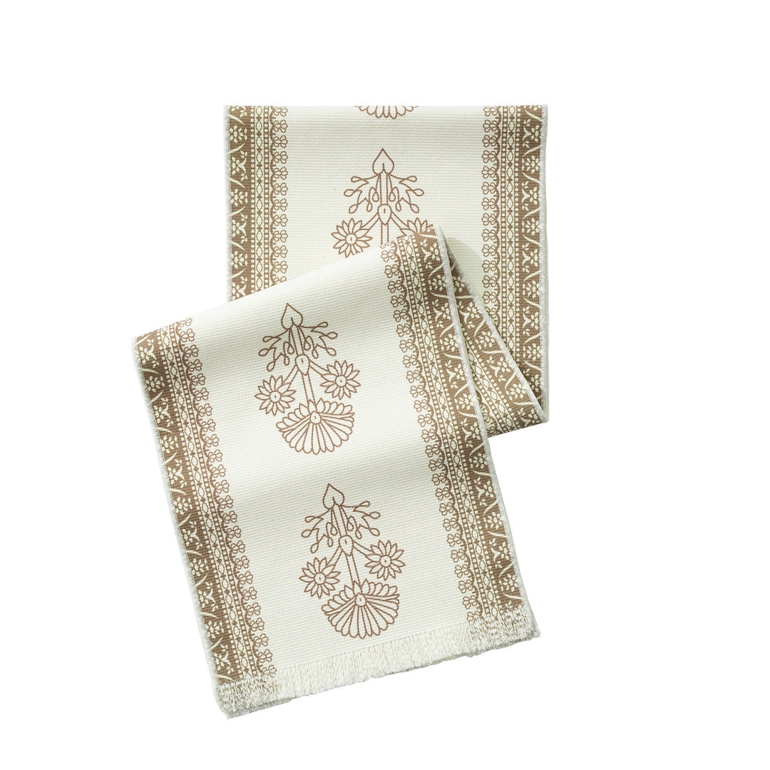 Woven decorative table runner with floral medallion borders and fringes Kalsten