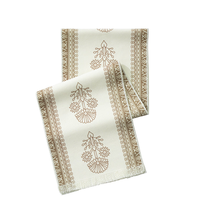 Woven decorative table runner with floral medallion borders and fringes Kalsten