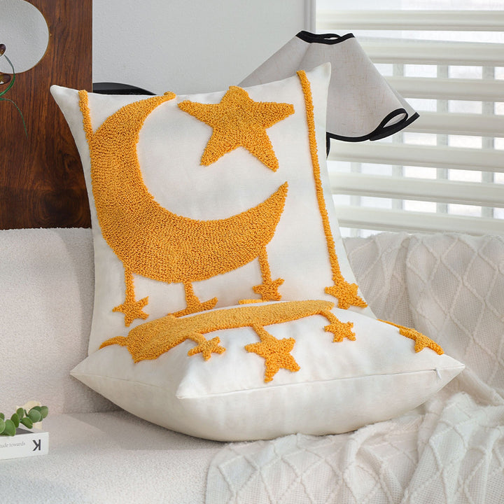 Square cushion cover with relief moon-and-star tufting made of chenille Kalsten
