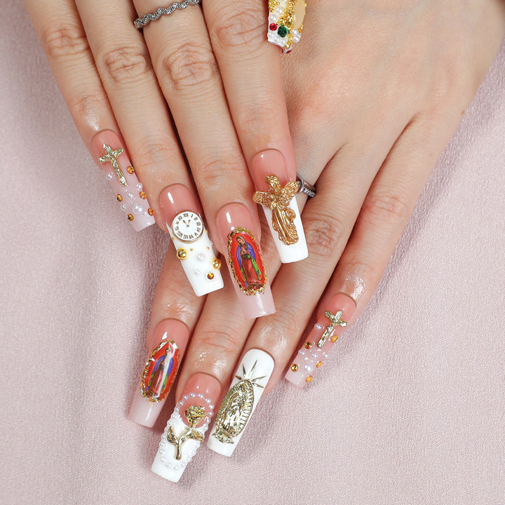 Artificial nail set with luxurious 3D decorations and religious motifs Kalsten