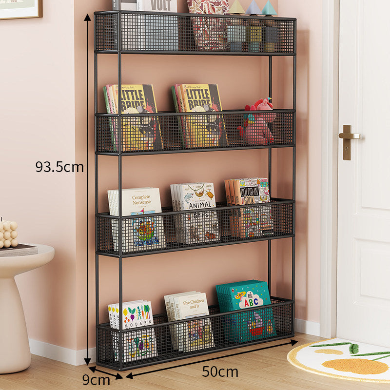 Industrial Metal Mesh Four-Tier Narrow Bookshelf Organizer