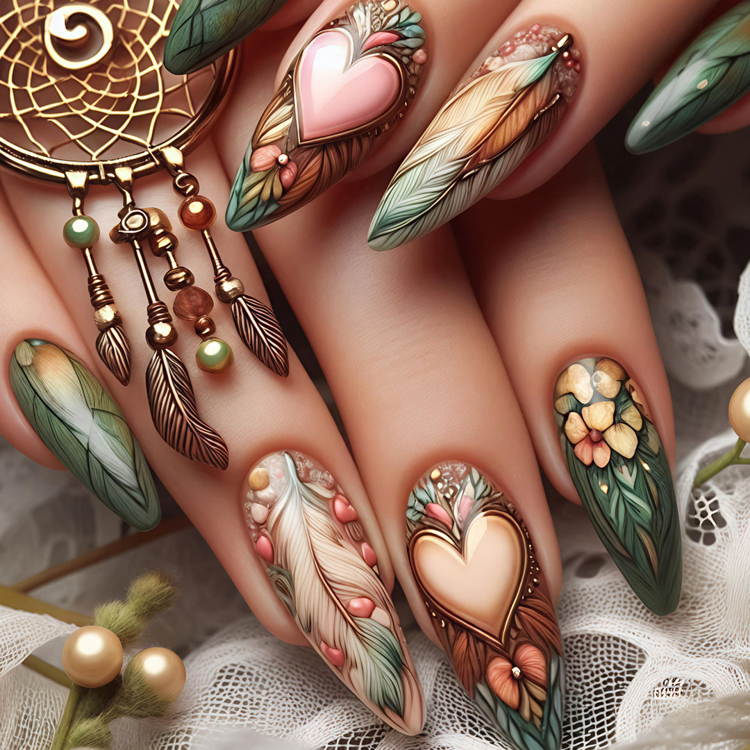 Artificial nails with floral and romantic heart design Kalsten