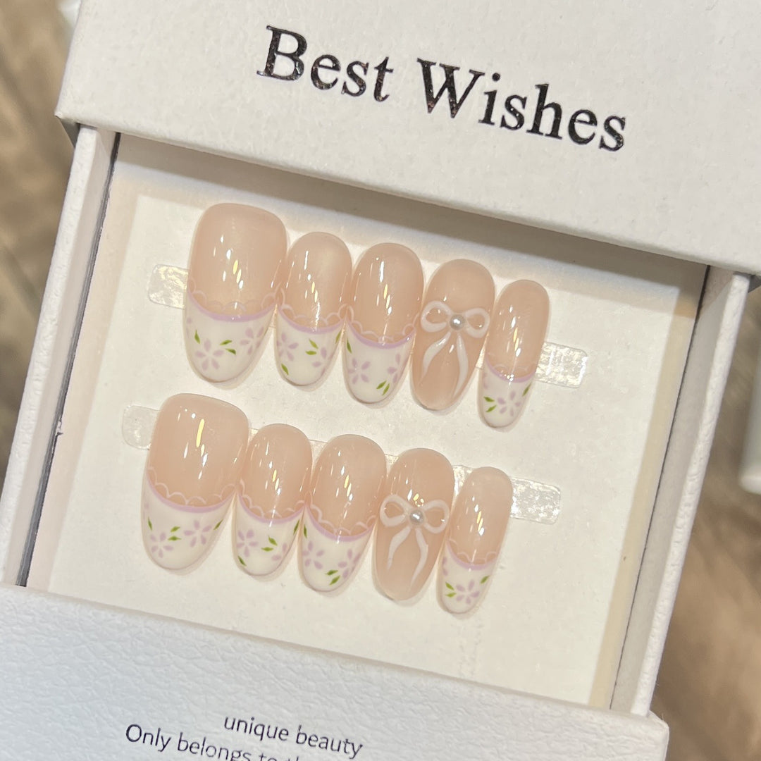 Decorative Press-On Nail Set with Floral Bow Design Kalsten