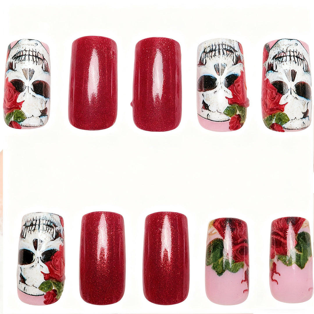 Artistic Nail Tips with Skull and Rose Pattern Kalsten