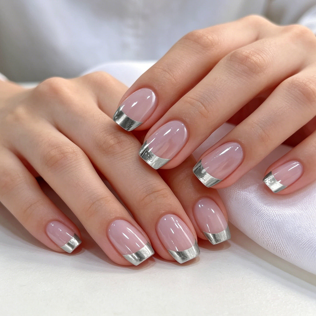 Elegant Silver-Tipped Acrylic Nail Set Kalsten