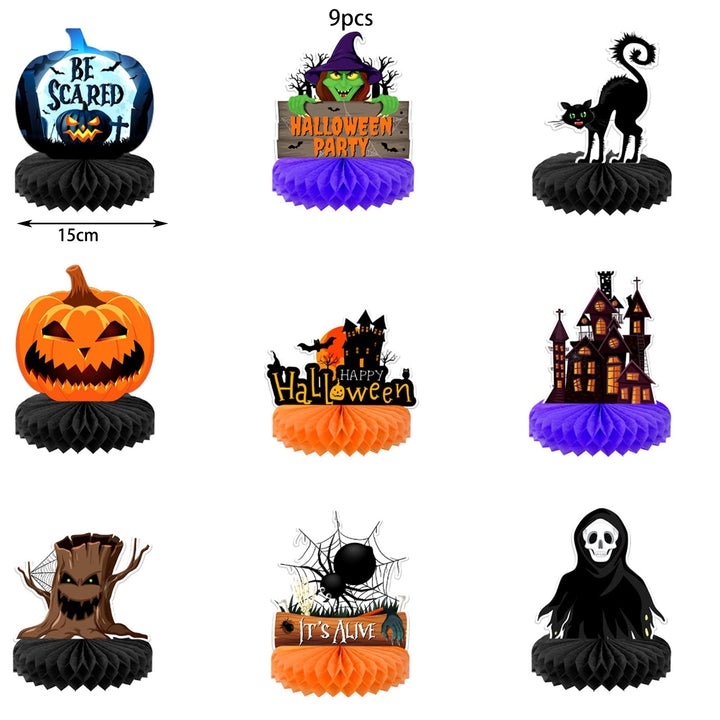 Paper Halloween table decoration with three-dimensional honeycomb centerpieces