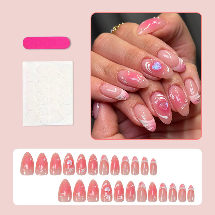 Acrylic nail set with romantic heart design and glitter accents Kalsten