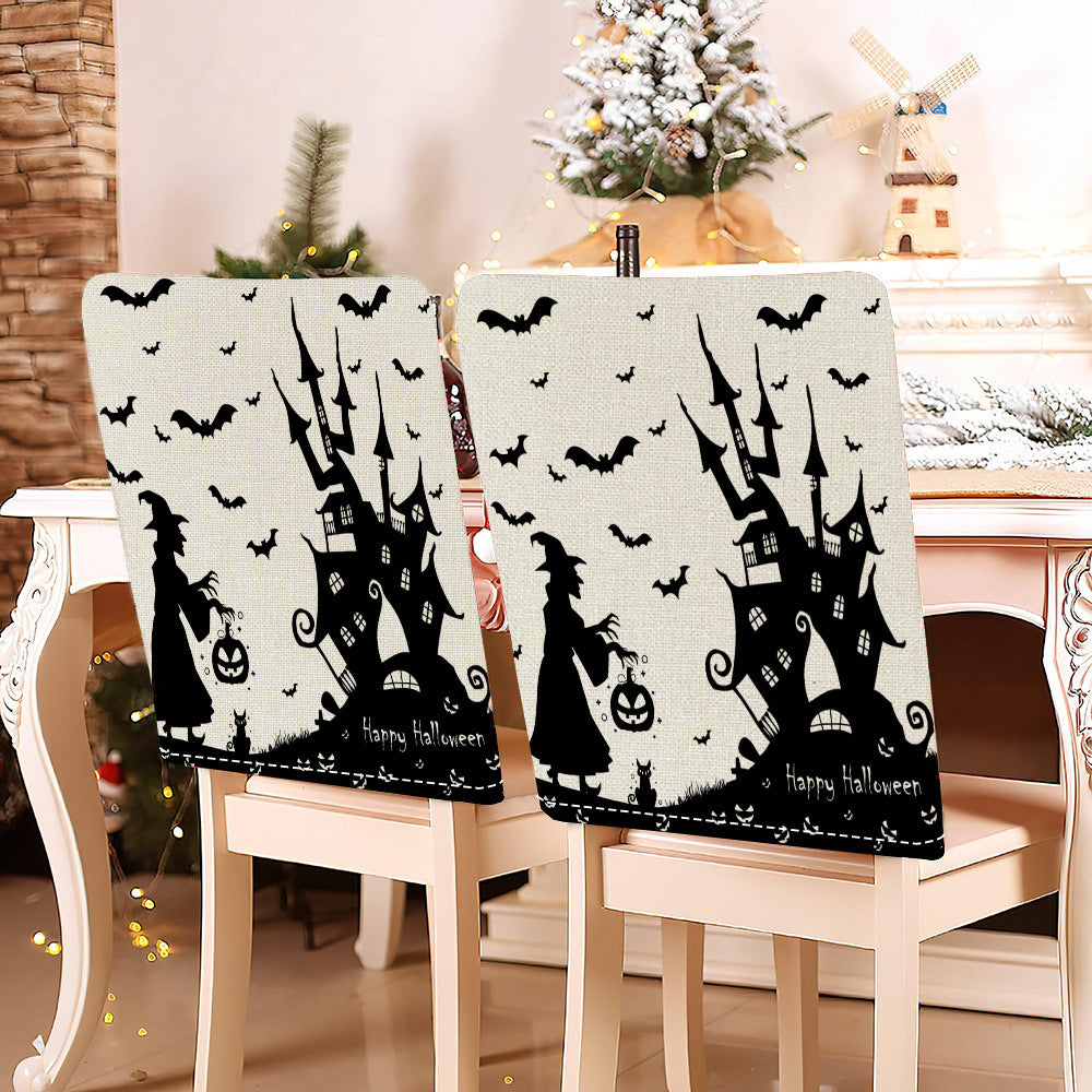 festive Halloween chair covers made of stretchable polyester with witch hat and lettering design