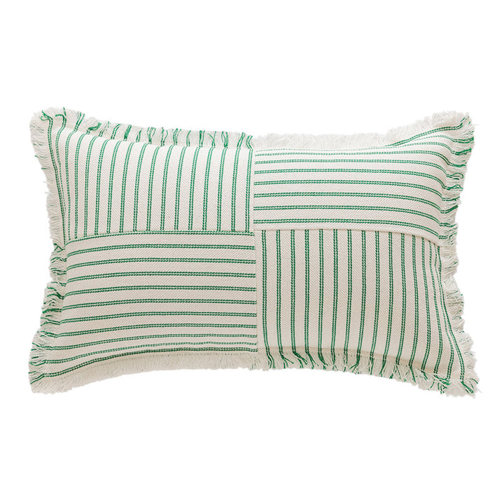 Decorative Rectangular Striped Patchwork Throw Pillow with Fringed Edges