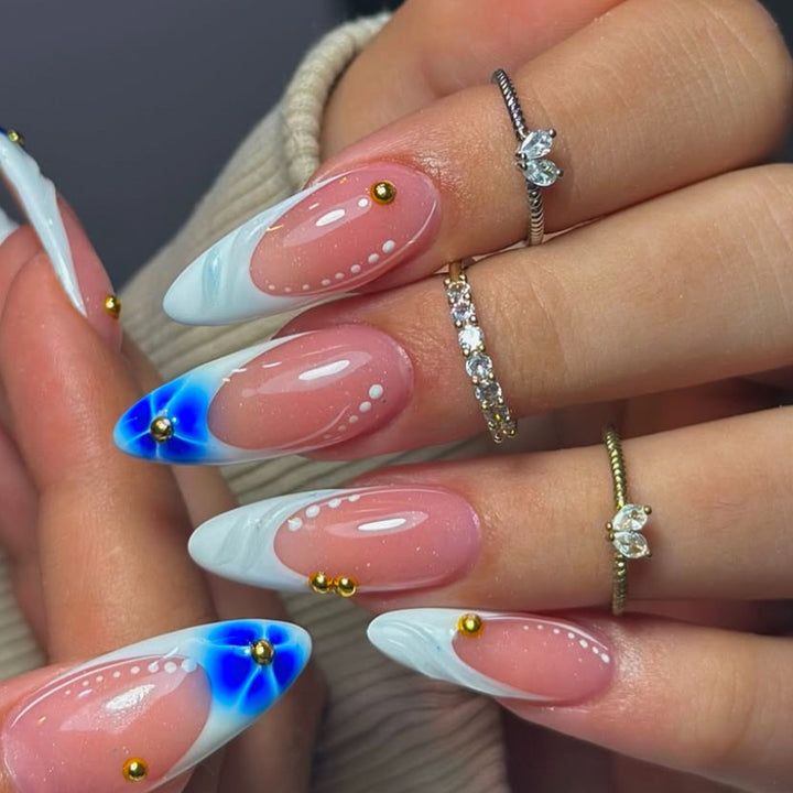 Sculpted French Tip Press-On Nail Extensions with Gem Accents Kalsten