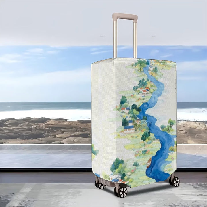 Unisex nan elastic suitcase cover with detailed river and village illustration print, tear-resistant stretch protection for hard shell and fabric trolley Kalsten