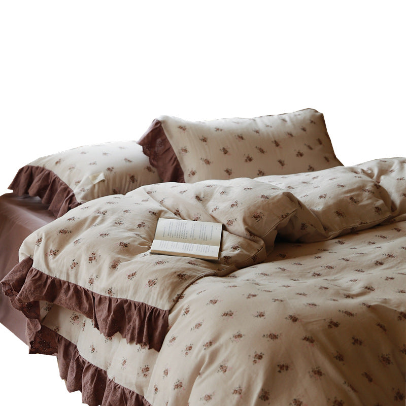 Cotton percale bedding set with ruffle and fine millefleurs print