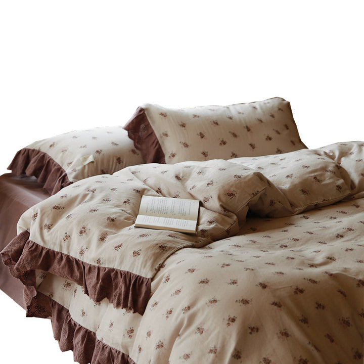 Cotton percale bedding set with ruffle and fine millefleurs print