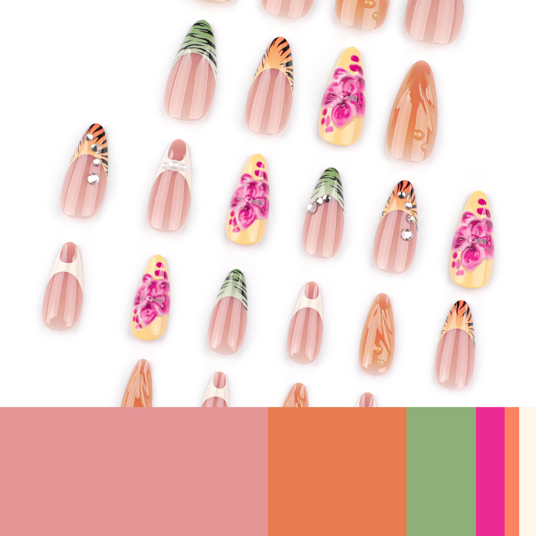 Artistic stiletto nails with colorful flower design and glitter Kalsten