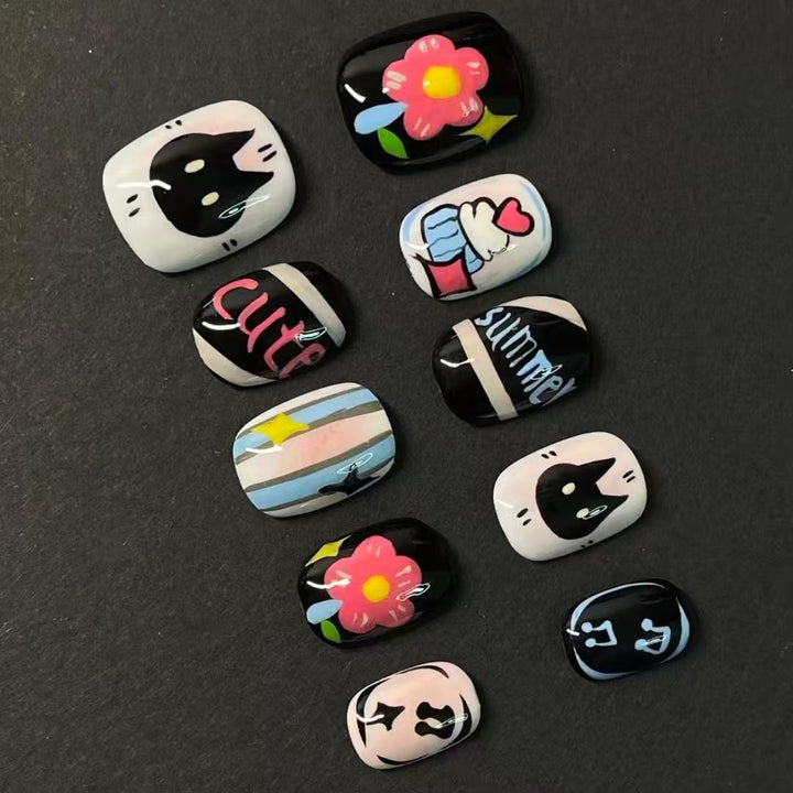 Artistic Cat-Themed Press-On Nail Art Set Kalsten